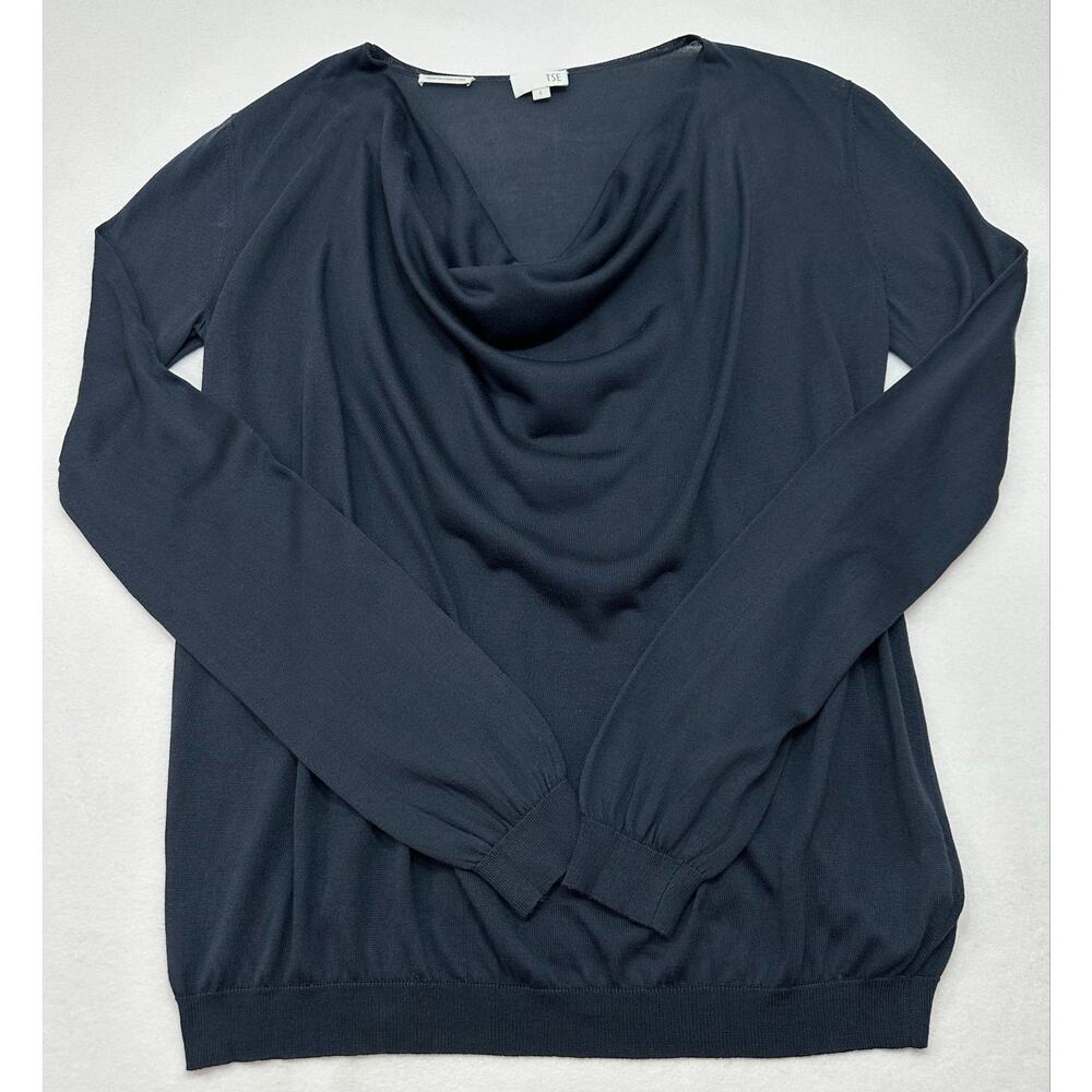 TSE 100% Silk Italian Dark Navy Cowl Neck Long Sleeve Knit Top Size Large - Picture 5 of 13